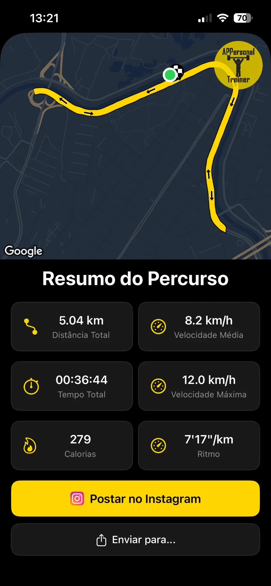 Resumo de um percurso, com o mapa da rota, distância, tempo, velocidade e calorias