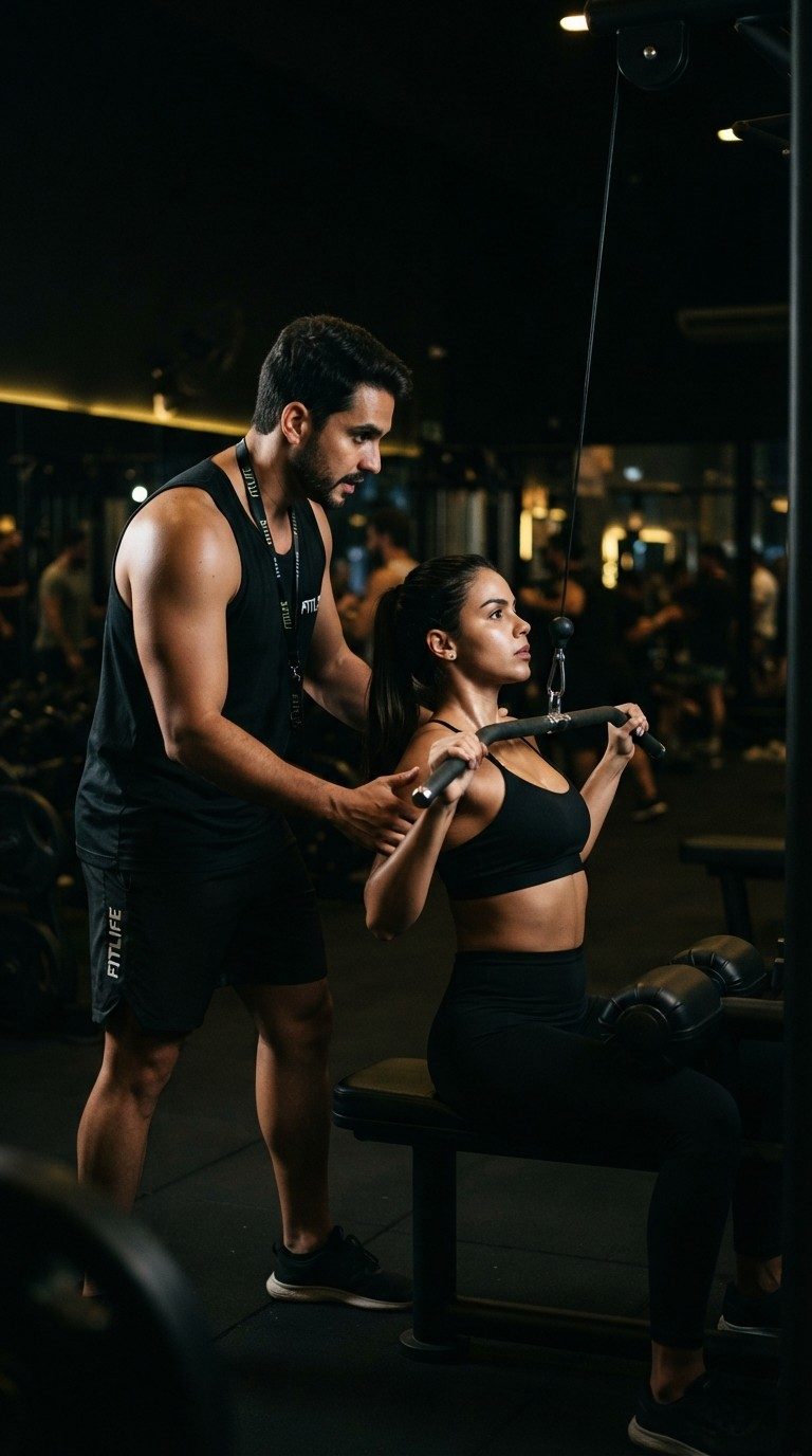 Personal trainer orientando uma aluna em um exercício de puxada na academia